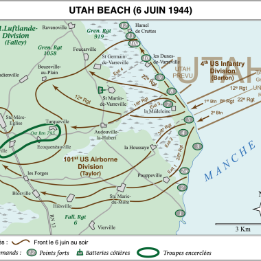 Il s'agit d'une carte qui retrace l'avancée de la 4e division d'infanterie américaine et de la 101e division aéroportée sur la plage d'Utah