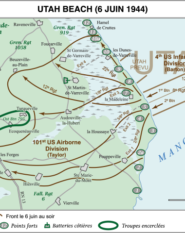 Il s'agit d'une carte qui retrace l'avancée de la 4e division d'infanterie américaine et de la 101e division aéroportée sur la plage d'Utah