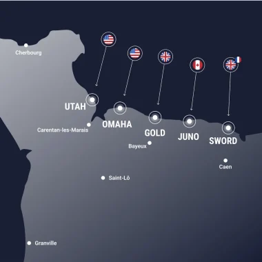 Carte montrant l'emplacement des 5 plages du débarquement